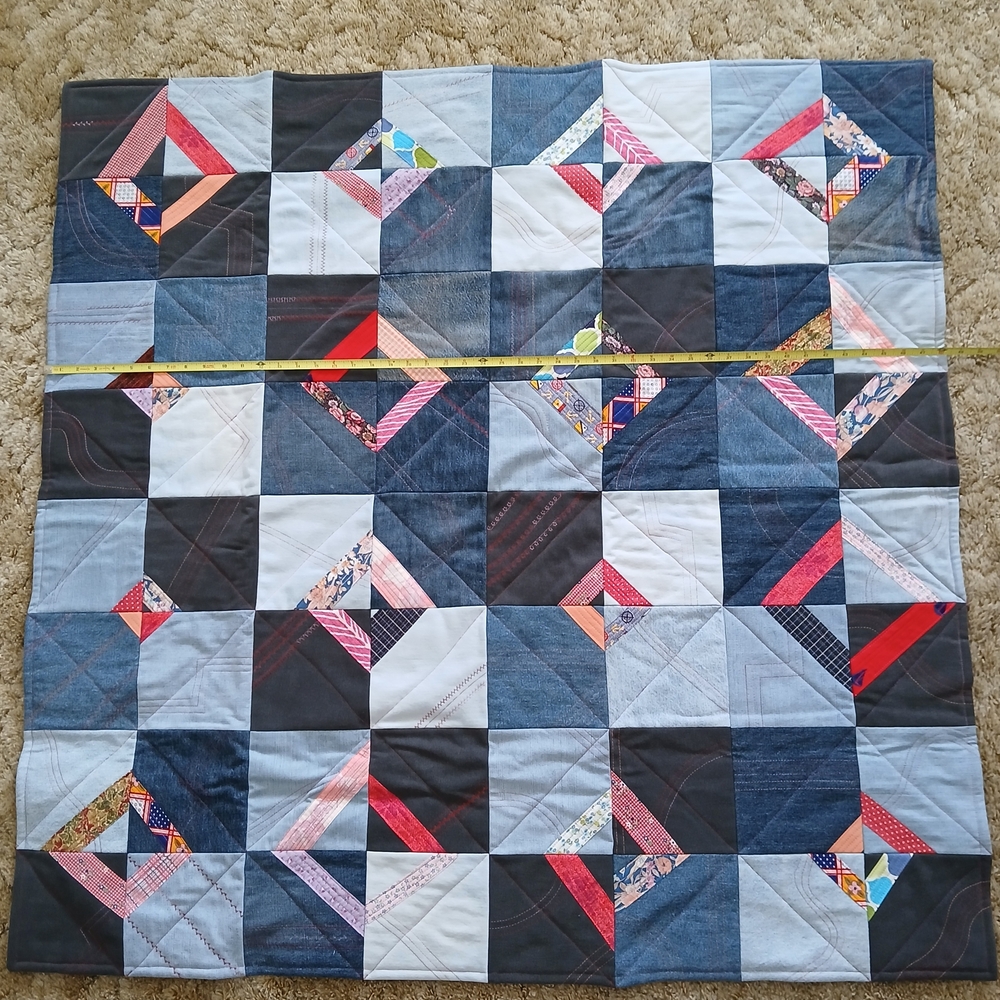 Handmade Patchwork Denim Quilt with Red Accents 48x48 inches